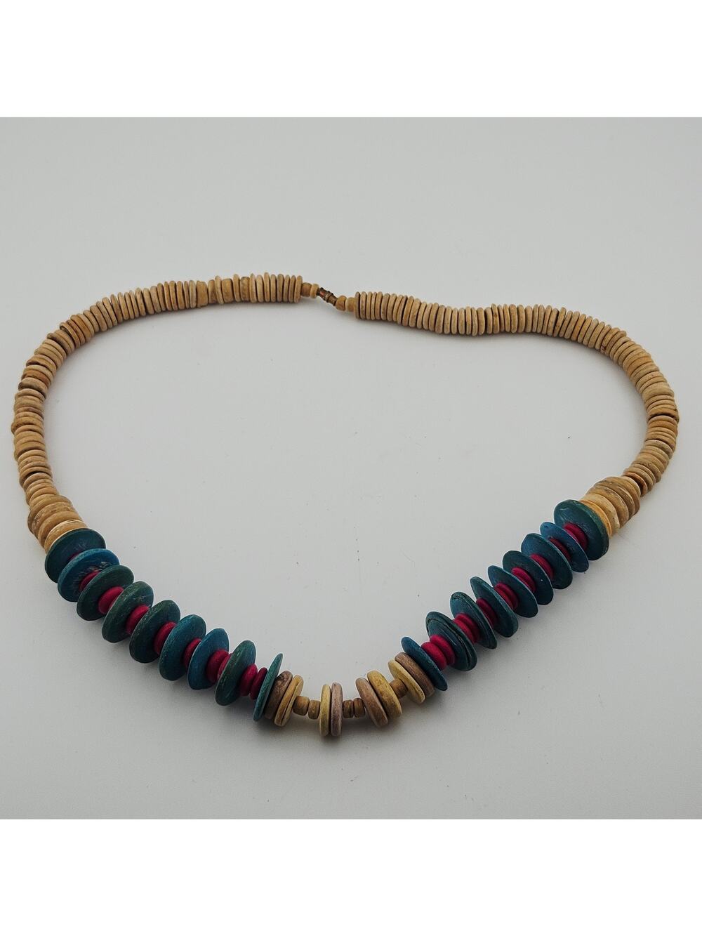 Multi Color Wood Disc Beaded Necklace Natural Bohemian Hippie Tan Teal Red